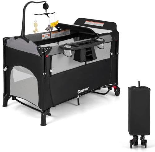 COSTWAY 5-i-1 babysäng 120 x 60 cm, 2 plan resesäng med madrass, skötdyna, leksaker, musikbox och bärväska, vikbar sidosäng, mobil 4 nivåer justerbar för baby upp till 15 kg (svart)
