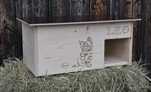 Großes, Robustes und sehr stabiles Premium Katzenhaus mit Wunschgravur, Wurfbox, aus 20mm Fichtenvollholz 69cm x 39cm x 32cm witterungsbeständig für innen und aussen