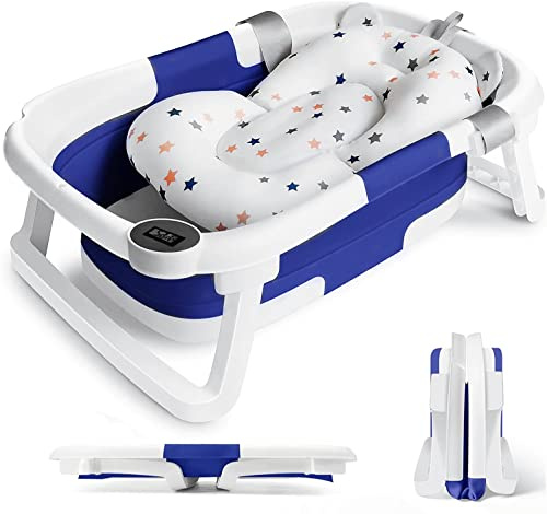 Baignoire Bebe Pliable Pour Bébé, avec thermomètre pieds antidérapants,Portative Pour petits Bébés se Baignant, avec Coussin pour Nouveau-né Enfants