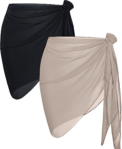 2 Pieces Sarong Cover Ups for Women Beach Bathing Suit Wrap Sheer Short Skirt Bikini Chiffon Scarf for Swimwear (Black & Light Khaki)