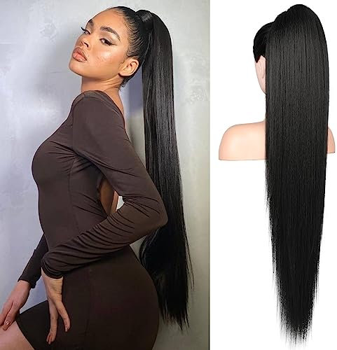 Flufymooz Ponytail Extension Pferdeschwanzverlängerung, 91 cm langer gerader Pferdeschwanz mit Kordelzug, Lockiger Pferdeschwanz Synthetisches Haarteil für Damen(Natürliches Schwarz)