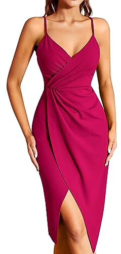 Missufe Vestido de cóctel para mujer, vestido de fiesta, vestido de verano, vestido midi festivo, elegante, bodycon para boda, sin mangas, tirantes finos, vestido de noche, Rosa caliente., S