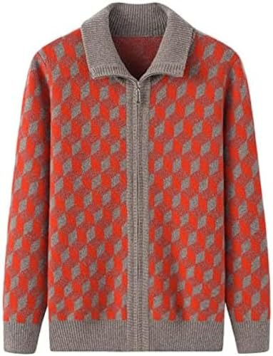 Kaschmir-Strickjacke Mit Verdicktem Kragen, Unregelmäßigem Karo-Reißverschluss Für Damen,Rot,3XL