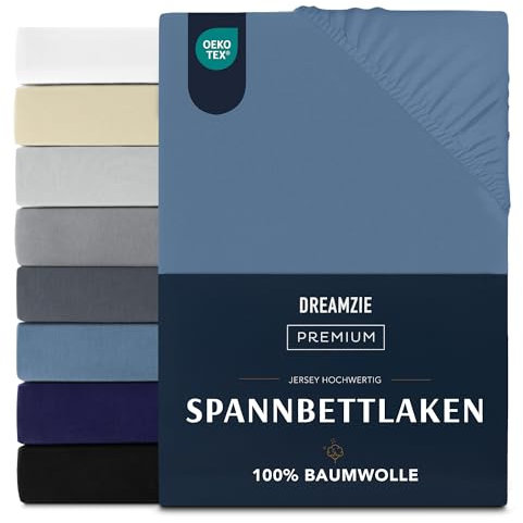 Dreamzie Premium Spannbettlaken 140x200 cm, Spannbetttuch für Dicke Matratzen bis zu 22 cm, Bettlaken 100% Jersey Baumwolle, 150 g/m², Oeko-TEX Zertifiziert - Blau