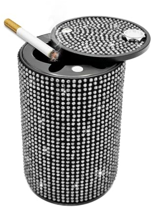 Ohleats Bling Car Ashtray, Rhinestones Auto Mini Car Ashtray Portable with Lid Smell Proof, Smokeless Vehicle Cigarette Ashtray Ash for Women, Universal Interior Car Accessories (White)