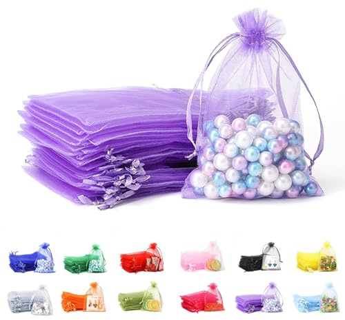 POPOYU 50Pcs Purple Lilac Organza Gift Bags,7x9 Small Organza Gift Pouches Drawstring Bags,Jewellery Sheer Bags Tulle Fabric Pouches Wedding Favour Bags for Christmas Halloween Birthday Goodie Gifts