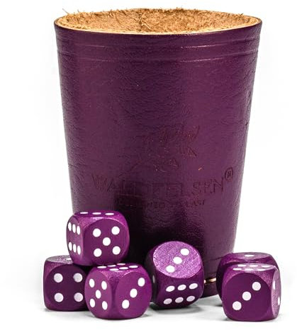 WALDFELSEN® Echtleder Würfelbecher (9 cm) mit 6 Holzwürfeln (16 mm) aus Buchenholz Lederbecher Würfelset Augenwürfel Spielwürfel (Farbe: Lila)