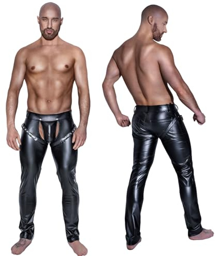 Moinha Men'S Wet Log Leggings Leather Leggings Erotic Open Stretch Leather Sexy Men'S Underwear Pants Tights Long Party Clothing Fetish BDSM Bondage Pants Open Underwear Cosplay Stage Casual(XL)