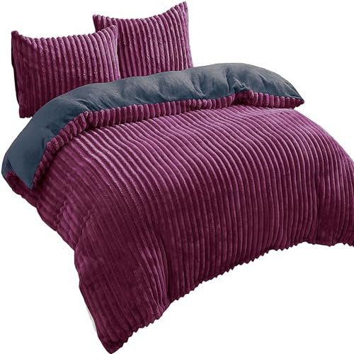 Leonado Vicenti Bettwäsche Cashmere-Touch Teddy Plüsch Set 4-teilig 135x200 cm Cord Optik Winter Coral Fleece kuschelig warm Bordeaux Wendebettwäsche