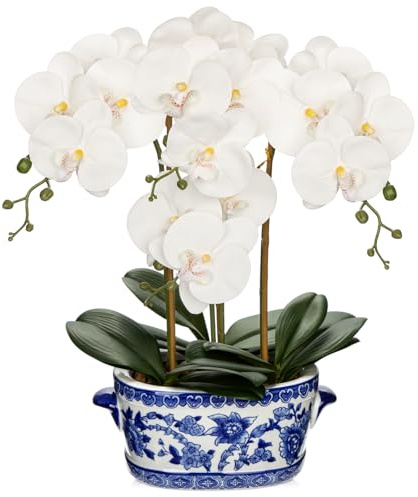 Briful Orchid Artificial Flowers in Blue and White Porcelain Pot 19.7 White Faux Silk Orchid Arrangement Large Fake Orchid Floral Centerpiece for Elegant Home Office Living Room Kitchen Table Decor