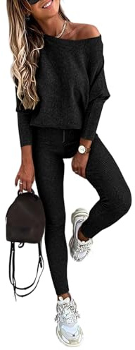CHICME 2 Piece Lounge Outfit Long Sleeve Knit Pullover Tops Drawstring Pants Set Tracksuit Sweatsuit-bk-L