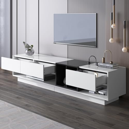 Gegtuon Mobile TV per Televisore 75/80 Pollici, Moderno Porta TV per Soggiorno con Contenitore Cassetti, Mobili Basso in Legno con Ante e Piedini per Salotto Camera da Letto, 190x40x34 cm, Bianco+Nero
