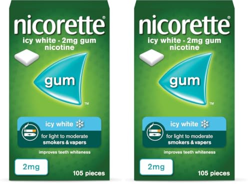 Nicorette Icy White 2mg Gum (105 Pieces), Fast-Acting Nicotine Gum to help curb cravings and Whiten Teeth, Discreet Stop Smoking Aid for Quitting Cigarettes, Chewing Gum (Pack of 2)