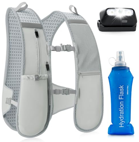 GGIE Hydration Running Vest with Headlamp & Phone Pocket – Lightweight Reflective Running Backpack with 500ml Water Bottle, Adjustable Fit for Men & Women, Grey