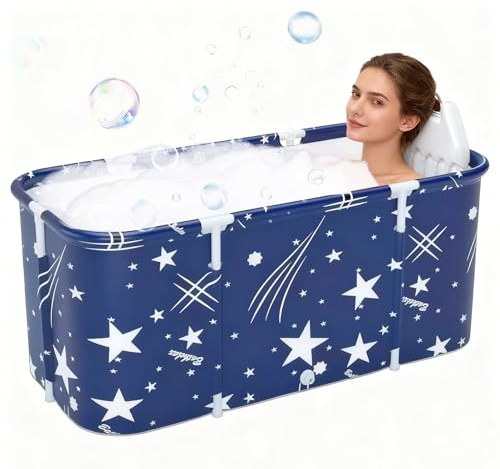 Vasca da Bagno Portatile, Vasca da Bagno Pieghevole per Adulti con Cuscini per Interni ed Esterni, Doccia Idromassaggio SPA, 120 x 55 x 50 cm (Blu)