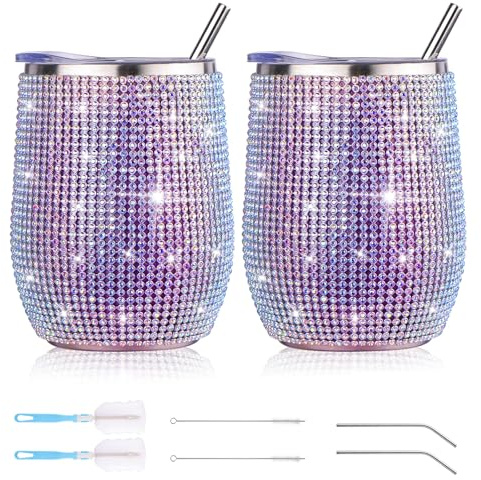 MISTRO Weinbecher Edelstahl mit Deckel und Strohhalmpinsel: 2 Stück 12OZ Doppelwandige Vakuumisolierte Weingläser, Hält 5h Heiß/ 10h Kalt Trinkbecher, Kaffeebecher Travel Mug 12OZ U-Cup Double-Layer