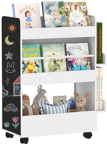 AIYAPLAY Libreria Montessoriana per Bambini 2 in 1 con Lavagna Nera e Ruote, in Legno, Porta Libri con 4 Ripiani, Scaffale Portagiochi Bambini su Due Lati per Cameretta e Asilo, Bianco