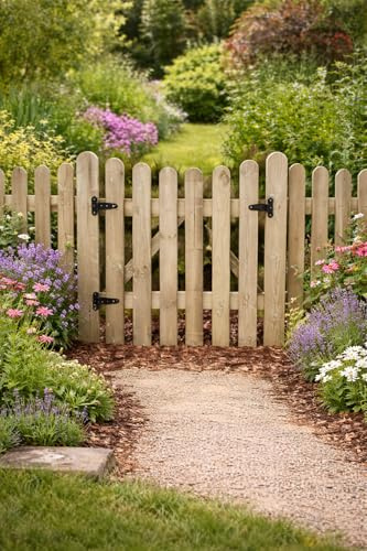 Wooden Garden Under Arched Picket Gate Pressure Treated Timber Pedestrian Fence Gate, Outdoor Wooden Garden Gate with Picket Design (90cm High x 99cm Wide x 5cm Deep)