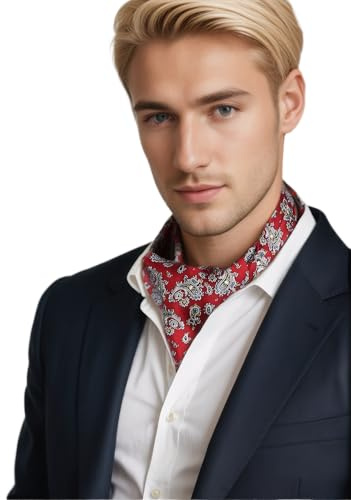 Prettystern Cravatta Ascot Uomo in 100% Seta – Sciarpa Elegante a Due Strati Lavallière da Business e Cerimonia Rosso Paisley