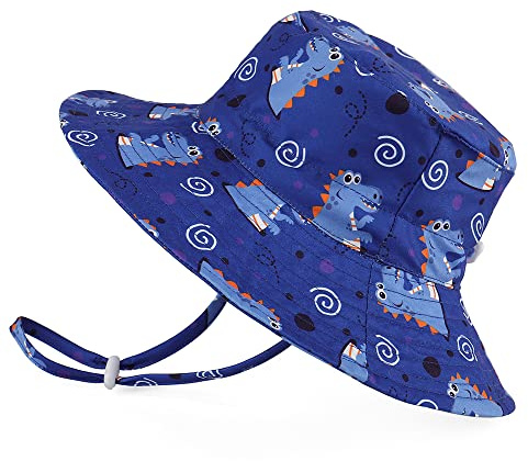LACOFIA Cappello Regolabile da Sole per Neonato Berretto Estivo per Bambino con UPF 50+ Protezione Solare Tesa Larga per Nuoto Spiaggia Piscina Dinosauro Blu 6-24 Mesi