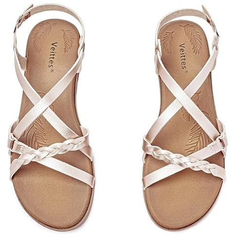 Veittes Women's Dressy Casual Strappy Flat Slide Sandals,Gold 8