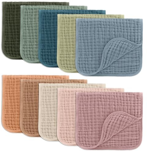 Comfy Cubs Muslin Burp Cloths 20 x 10, Pack of 10 - Large, 6-Layer, Ultra Absorbent 100% Cotton for Baby Drool and Messes - Soft, Safe & Gentle Baby Burp Cloths for Boys & Girls - Multi