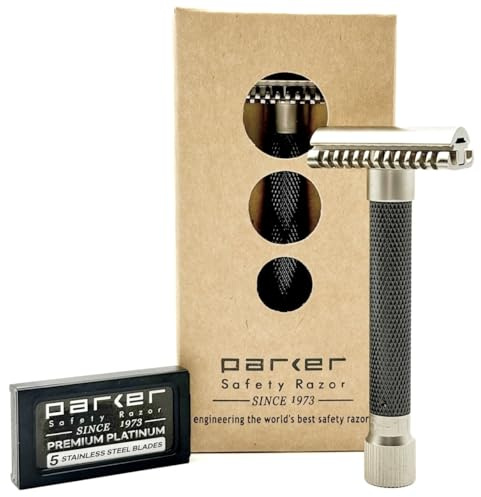 Rasoio di sicurezza Parker, LA VARIANTE OPEN COMB - Double Edge REGOLABILE, personalizza la tua rasatura ruotando il quadrante da lieve ad aggressivo - 5 lame incluse (Grigio grafite)