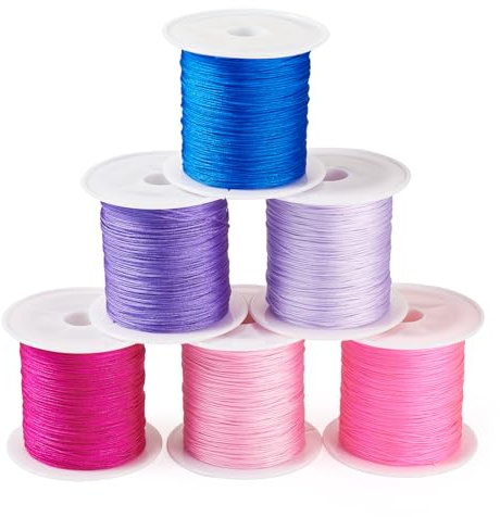 Craftdady 6 rotoli di corda intrecciata in nylon satinato rosa da 0,4 mm, filo di seta viola, filo per nodi cinesi, per gioielli fai da te, collane e bracciali