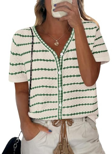 NALANISA Crochet Tops for Women V Neck Short Sleeve Sweater Lightweight Summer Knit Tops Shirts Dressy Casual Blouses (Green,L)