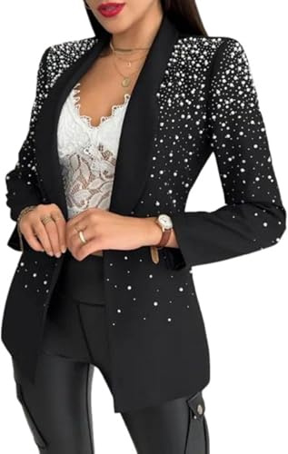 Blazer de Lentejuelas de Primavera para Mujer Blazer Informal de Oficina de Negocios de Manga Larga Brillante con Empalme de Lentejuelas Elegante de Color sólido Chaqueta pequeña (Negro 2,L)