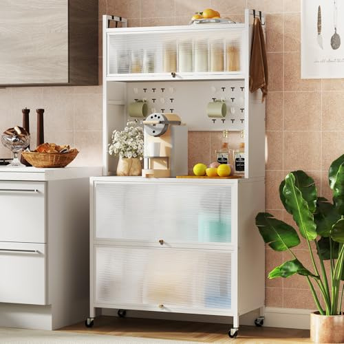 GIANTEX Aparador Buffet de Cocina 5 Niveles con Ruedas, Estantería de Microondas con Puertas Abatibles y Ganchos, 80x40x160 cm, Mueble de Almacenamiento para Comedor, Salón (Blanco)