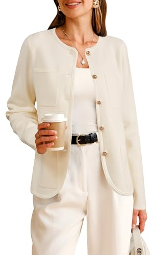 Arach&Cloz 2026 Fashion Sweater Blazers for Womens Long Sleeves Collarless Button Down Wool Cashmere Dressy Work Business Casual Clothes Spring Winter Trendy Cardigan Pockets White M