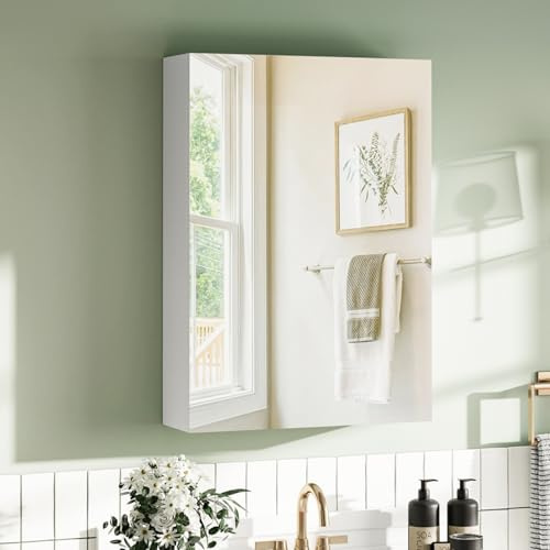 BELIWIN Bathroom Wall-Mounted Mirror Cabinet White, Small Single Mirrored Door Storage Cupboard, Adjustable Height Shelves Storage Unit (50 x 70 x 15 cm)