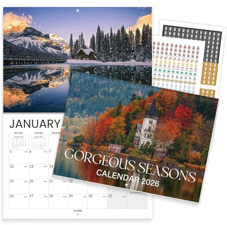 SUNEE Gorgeous Seasons Calendar 2026 UK, 12 Months A4 Folded to A3 Wall Calendar, Month to View Family Planner with UK Holidays & Countdown, Ideal for Home, Office or Gift