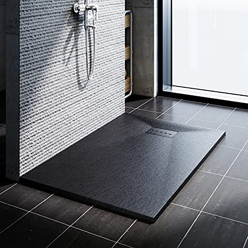 SONNI Duschkar skifferutseende och halkfri struktur 140 x 90 cm svart platt duschbricka (utan vattenkudde)