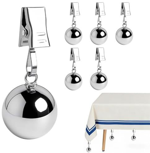 KiBlithemor Confezione da 6 tovaglie robuste, 68 g, sfere in acciaio inox extra pesanti, con clip, peso della tovaglia per esterni, adatte per tovaglie, tende, ecc