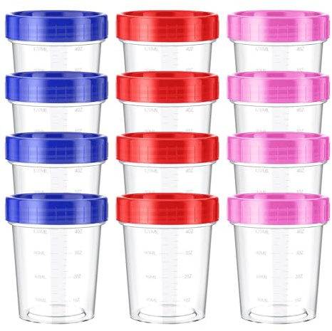 Samlonge 12 Piezas Botes Herméticos para Alimentos 120ml con Tapa y Escala Medidora - Vasos de Plástico Reutilizables y Apilables para Salsas, Yogur, Líquidos y Almacenamiento en Congelador