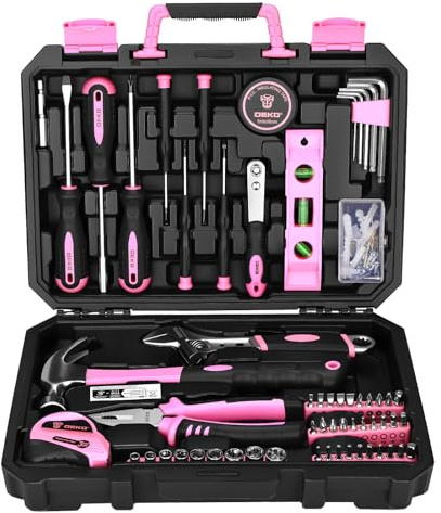 DEKO 100 Piece Pink Tool Kit Complete Home Tool Set with Claw Hammer, Adjustable Wrench, Combination Pliers, Screwdriver Set, Tape Measure - Basic Household Repair Toolbox for DIY Projects