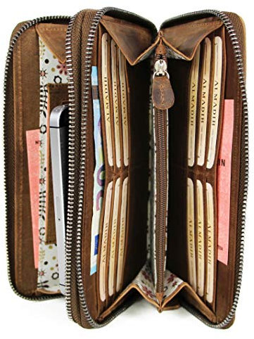 ALMADIH Große Leder Damen Portemonnaie mit Handyfach und Handgelenkschlaufe - Doppelter Reißverschluss, 12 Kartenfächer, RFID Schutz, Münzfach - Geldbeutel Geldbörse Brieftasche braun (Giana Vintage)