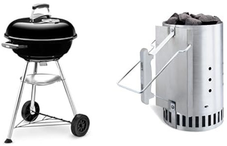 Weber 1221004 Holzkohlegrill Compact Kettle, Durchmesser 47 cm, Schwarz, Kugelgrill & 7416 Anzündkamin Rapidfire, Grillen mit Kohle, Anzünden