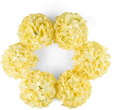 DuHouse hortensior konstgjorda blommor, konstgjord blomma silke hortensia med stjälk, 22 cm falska hortensior blommor huvuden för bröllop hem trädgård mittstycke dekorationer, 6 stycken (gul)