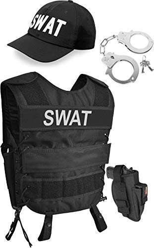 normani SWAT oder Security Kostüm bestehend aus Weste, Patch, Holster, Cap und Handschellen - (XS - 6XL) Farbe SWAT Größe M/L