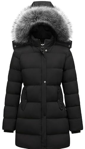 GGleaf Women's Winter Thicken Puffer Coat Warm Snow Jacket with Fur Removable Hood Black Medium