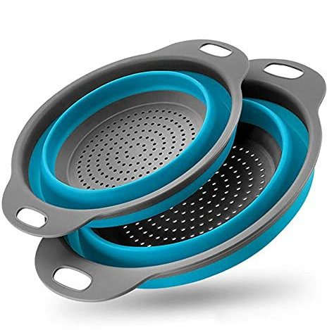 Alnicov Collapsible Colander,2 Collapsible Colanders Set,Silicone Vegetable/Fruit Flexible strainer,Folding Strainer for Kitchen(Blue)