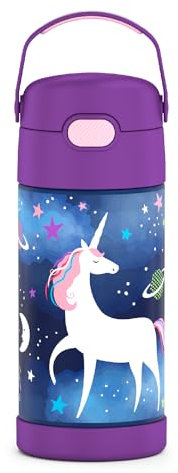 THERMOS FUNTAINER Bouteille isotherme en acier inoxydable avec paille pour enfants, motif licorne spatiale 355 ml