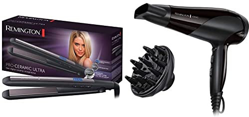 Remington Plancha de Pelo Pro Ceramic Ultra - Cerámica Avanzada, Placas Flotantes de 110 mm, Digital, Negro y Morado + Secador de Pelo Ionic Dry 2200 - Iónico, Concentrador y Difusor, 2200 W, Negro
