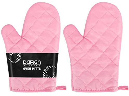 Hitzebeständiges Dickes Baumwoll Ofenhandschuh Set, weiches, gestepptes Innenfutter, griffige Topflappen für heiße Pfannen und Ofen, Küchenhandschuh-Paar zum Schutz der Hände, 27,5 cm, rosa