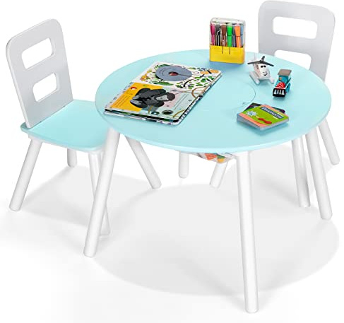 LIFEZEAL Juego de Mesa y 2 sillas Infantiles de MDF y Madera Pino, Conjunto de Mesa y sillas con Bolsa de Almacenamiento de Red para estudiar, Comer y Jugar para niños (Verde)