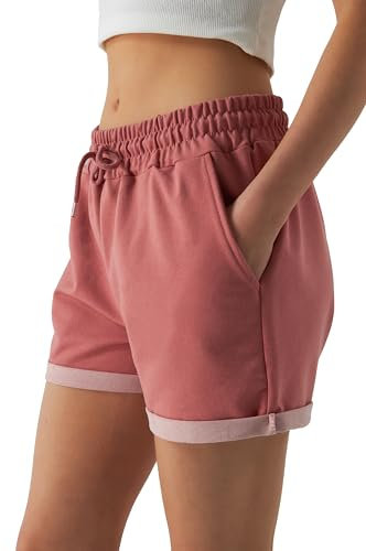 Smith & Solo Short Sport Femme en Coton, Pantalon Court pour Femme, Short Femme ete, Taille Haute, avec Poches, pour Le Jogging, Le Yoga et Le Fitness (Rose, M)