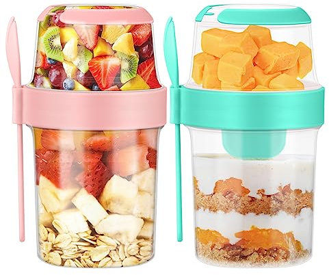 2Pcs Overnight Oats Jar Container - 870ML Yogurt Pots Breakfast Pots Reusable Salad Cups with Lid Spoon Breakfast Jar Muesli Cup for Salads Fruit Cereal Milk Porridge